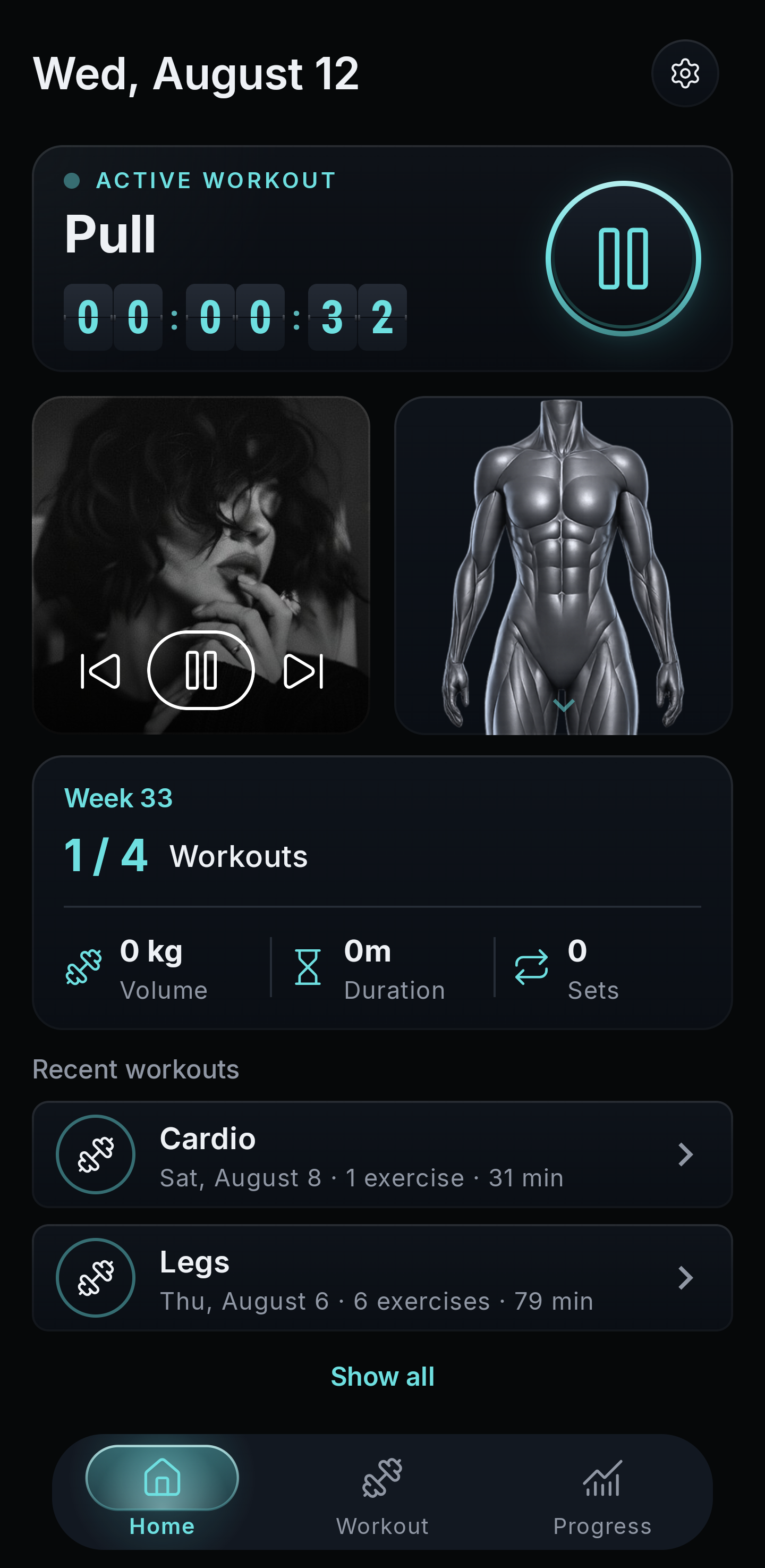 LeetFit home screen with active workout, music and body tiles