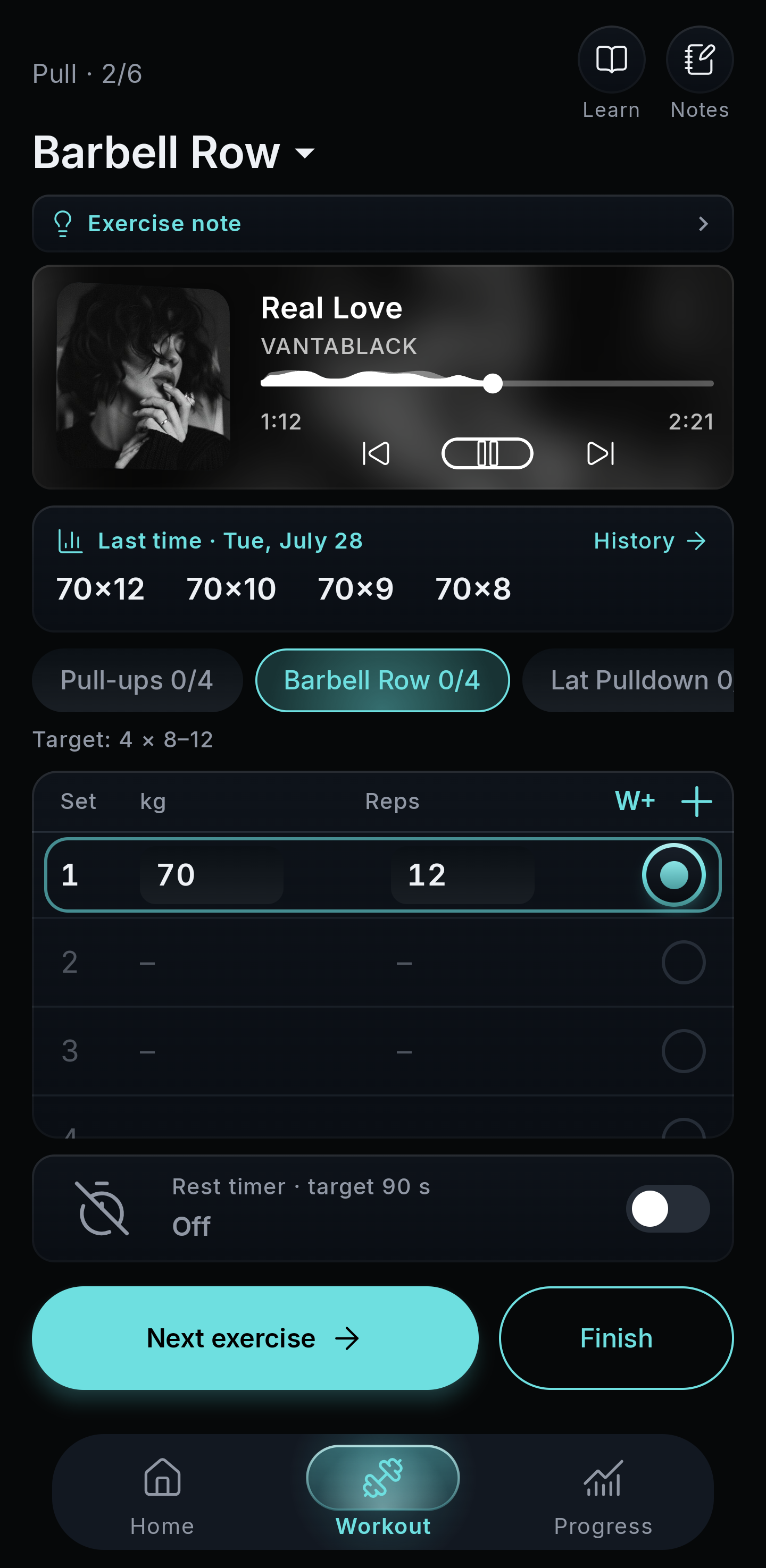 Active workout: set list with targets, last-time values and music strip